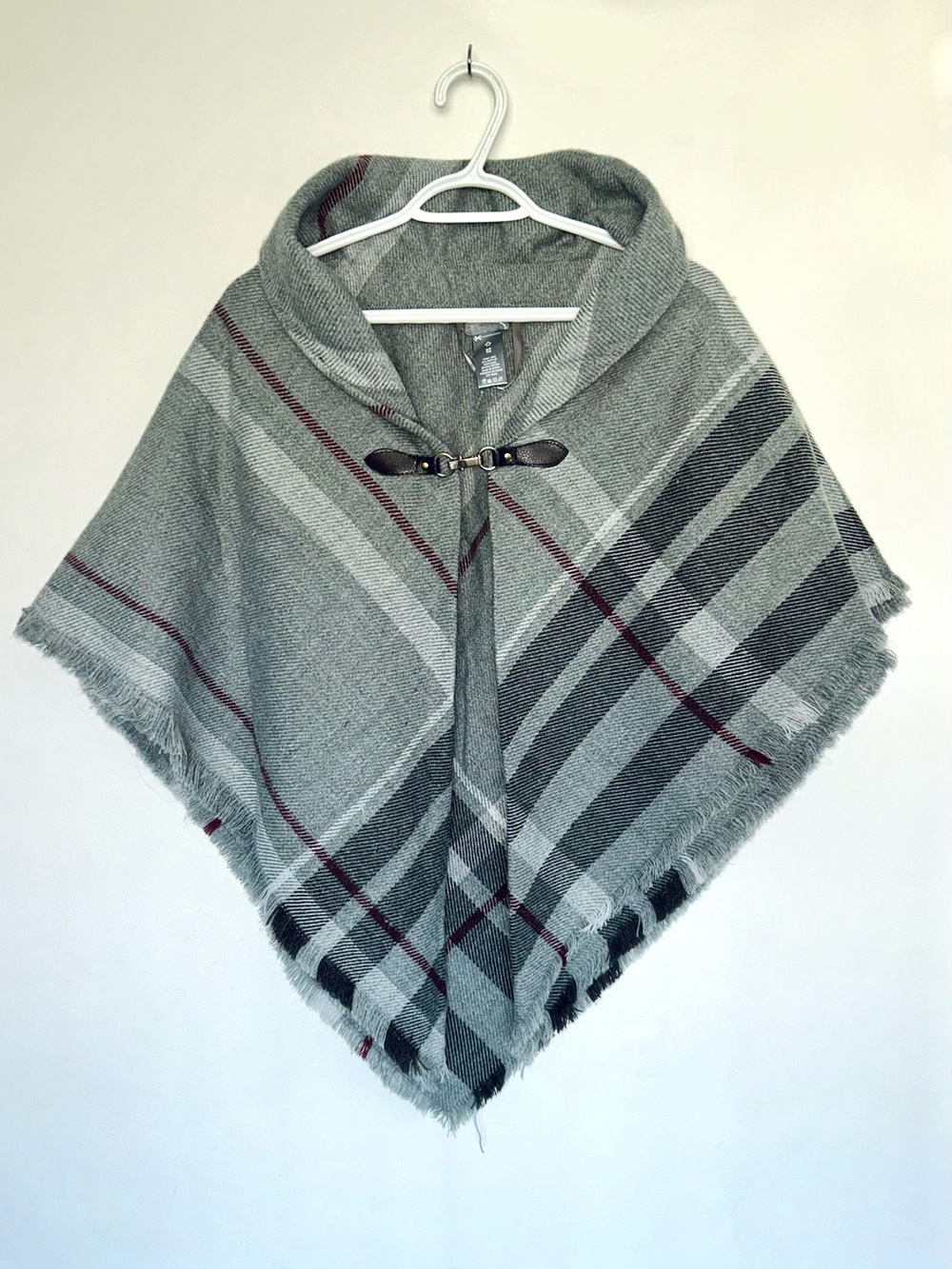 Sears Gray Plaid Fringe Poncho with Faux-Leather Toggle Closure Size OS